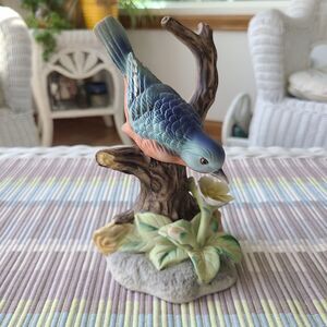 Vintage Bisque Porcelain Figurine Blue Bird Sitting On Branch Collectible Gift
